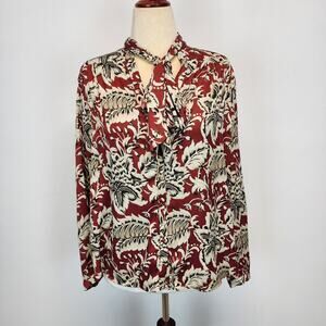 Anthropologie Floral Blouse Size L Mock Tie Neck Long Sleeve Career Office Fall